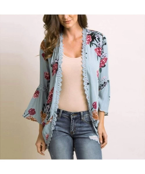 Tankinis Chiffon Shawl Print Lace Kimono Cardigan Cover Up Flare Sleeve Beachwear Women - Blue - CE18OM8HEWM