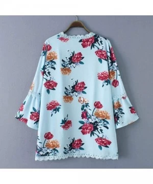 Tankinis Chiffon Shawl Print Lace Kimono Cardigan Cover Up Flare Sleeve Beachwear Women - Blue - CE18OM8HEWM