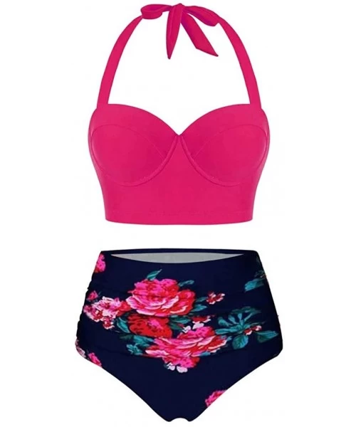 Racing Women's Top Halter Sunflower High Waisted Bikini Bottoms Tankini Set - Hot Pink2 - CB196DCCC3I