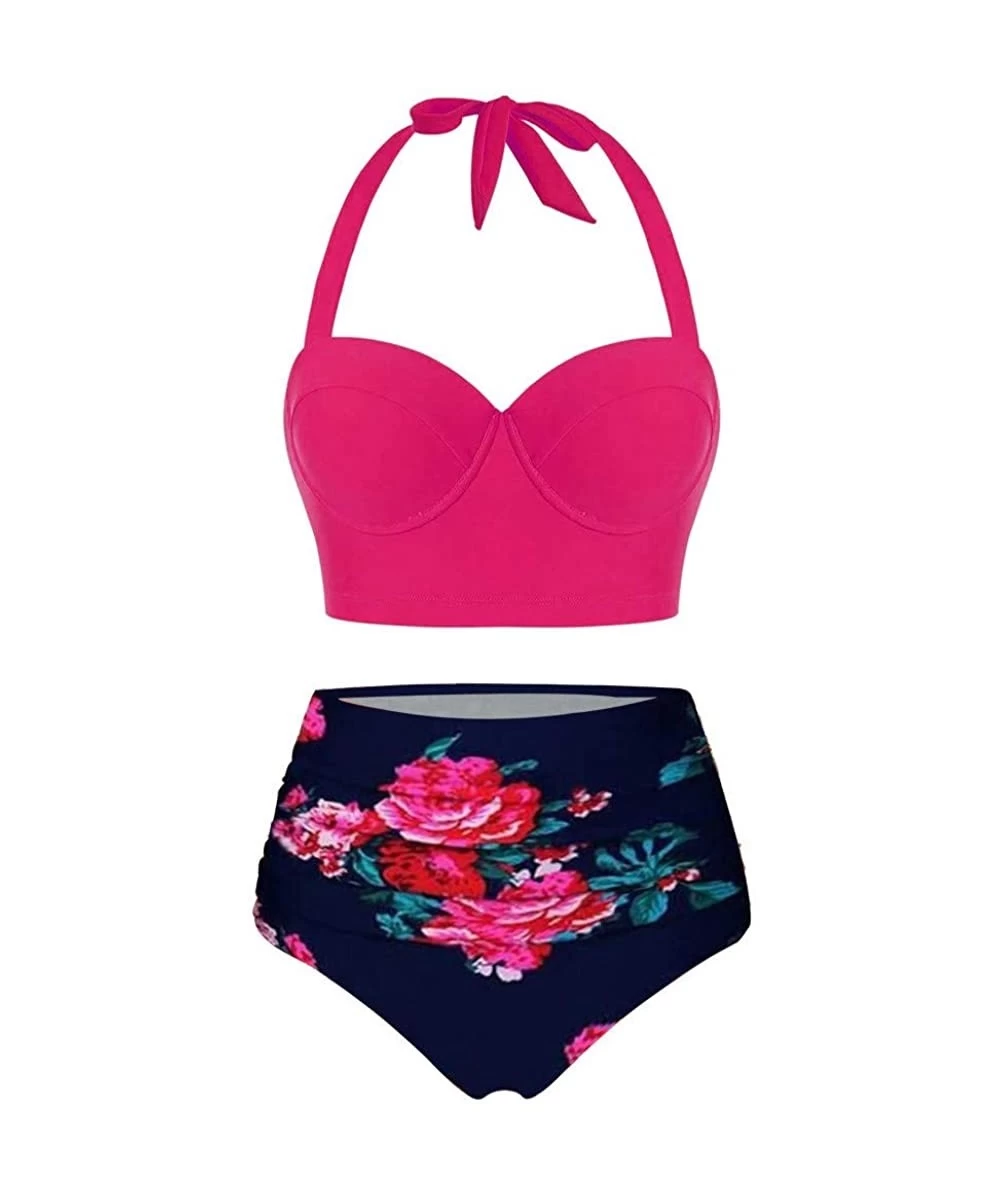 Racing Women's Top Halter Sunflower High Waisted Bikini Bottoms Tankini Set - Hot Pink2 - CB196DCCC3I