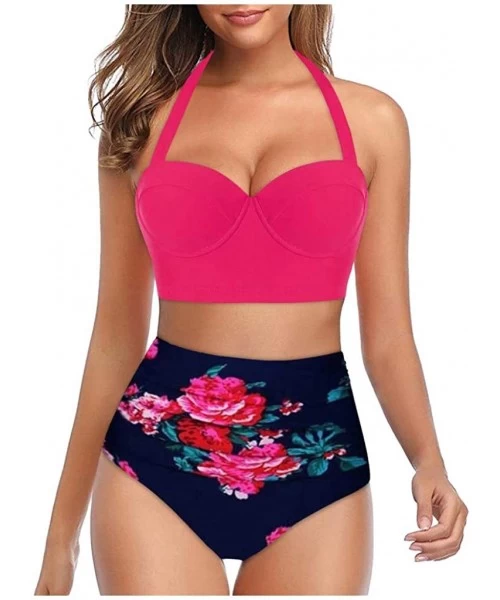 Racing Women's Top Halter Sunflower High Waisted Bikini Bottoms Tankini Set - Hot Pink2 - CB196DCCC3I