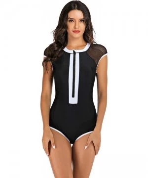 One-Pieces Womens Rash Guard Zip Front Sleeveless One Piece Swimsuit - Black / White - CN18ZML4OZU