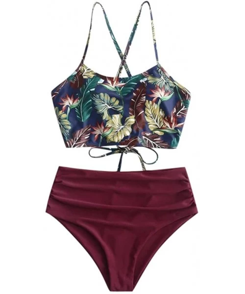 Sets Fashion Women Bikini Set Bandeau Bandage Print Padded Swimwear Bathing Swimsuit Beachwear - Wine - CQ194098KOK