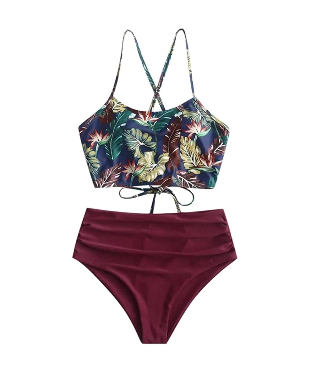 Sets Fashion Women Bikini Set Bandeau Bandage Print Padded Swimwear Bathing Swimsuit Beachwear - Wine - CQ194098KOK