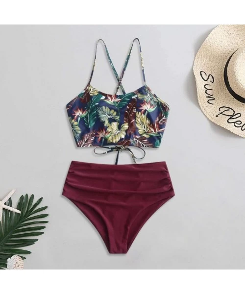 Sets Fashion Women Bikini Set Bandeau Bandage Print Padded Swimwear Bathing Swimsuit Beachwear - Wine - CQ194098KOK