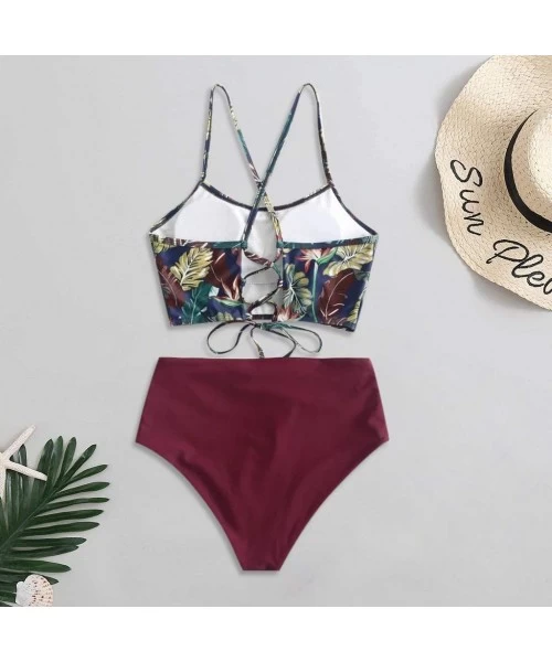 Sets Fashion Women Bikini Set Bandeau Bandage Print Padded Swimwear Bathing Swimsuit Beachwear - Wine - CQ194098KOK