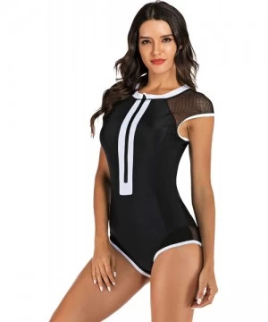 One-Pieces Womens Rash Guard Zip Front Sleeveless One Piece Swimsuit - Black / White - CN18ZML4OZU