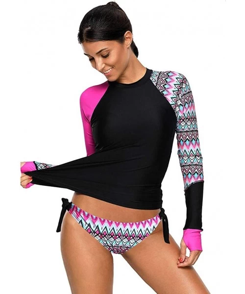 Rash Guards Women's Rash Guard Swim Aztec Upf 50+ Tankini Sets Swimsuit （S-Xxxl - Hot Pink 5 - CP18TK8L95R