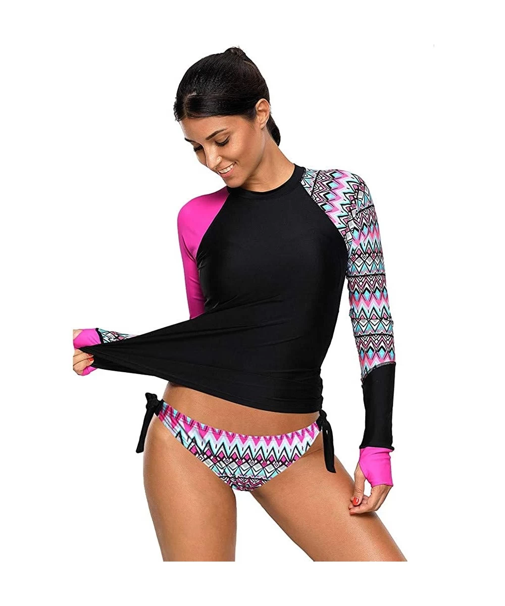 Rash Guards Women's Rash Guard Swim Aztec Upf 50+ Tankini Sets Swimsuit （S-Xxxl - Hot Pink 5 - CP18TK8L95R