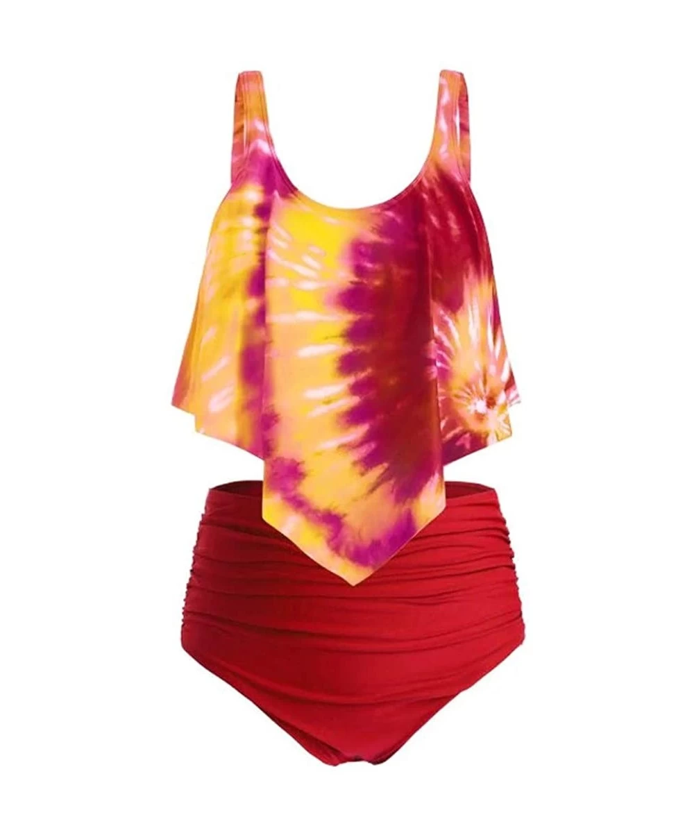 Sets Women's Tie-dye High Neck Two Piece Bathing Suits Top Ruffled High Waist Swimsuit Tankini Bikini Sets - Red - C018WG63ETO