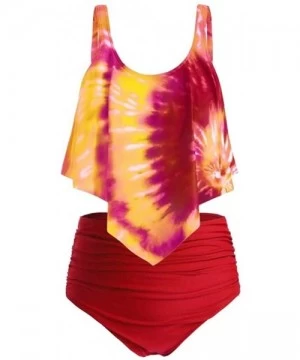 Sets Women's Tie-dye High Neck Two Piece Bathing Suits Top Ruffled High Waist Swimsuit Tankini Bikini Sets - Red - C018WG63ETO