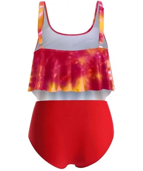 Sets Women's Tie-dye High Neck Two Piece Bathing Suits Top Ruffled High Waist Swimsuit Tankini Bikini Sets - Red - C018WG63ETO