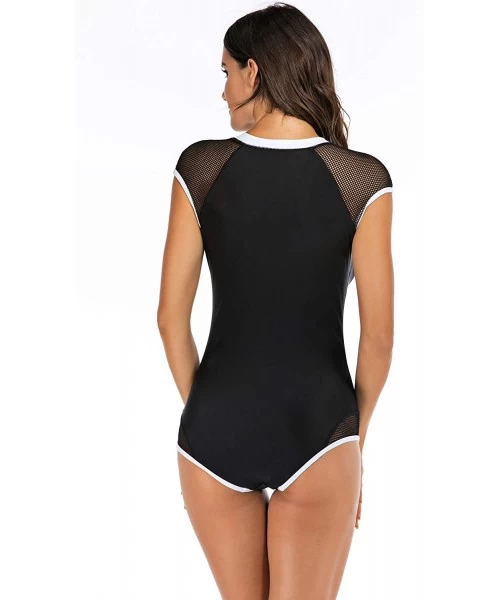 One-Pieces Womens Rash Guard Zip Front Sleeveless One Piece Swimsuit - Black / White - CN18ZML4OZU