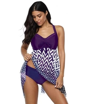 Bottoms Women Plus Size Takini Mesh Patchwork Print Swimsuit Beachwear Padded Swimwear - Purple - CU195KLTLX9