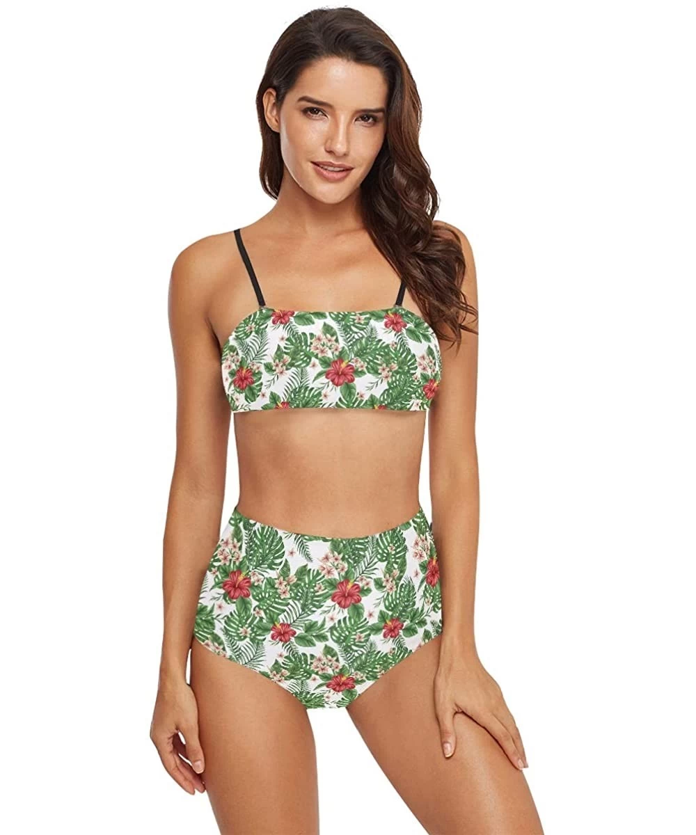 Sets Womens Tropical Palm Tree and Leaf Print 2 Piece Swimsuits High Waisted Bathing Suits Bikini Set - Tropical Palm Leaves ...