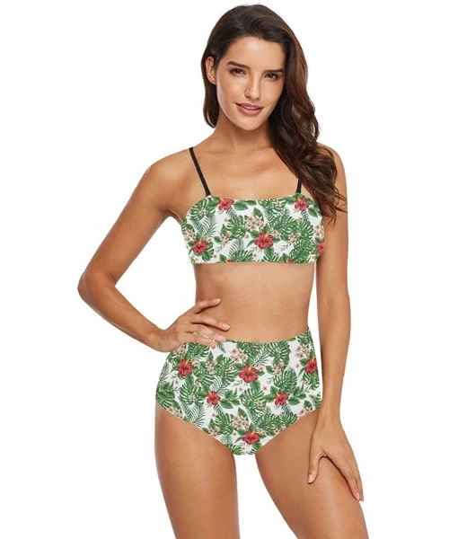 Sets Womens Tropical Palm Tree and Leaf Print 2 Piece Swimsuits High Waisted Bathing Suits Bikini Set - Tropical Palm Leaves ...