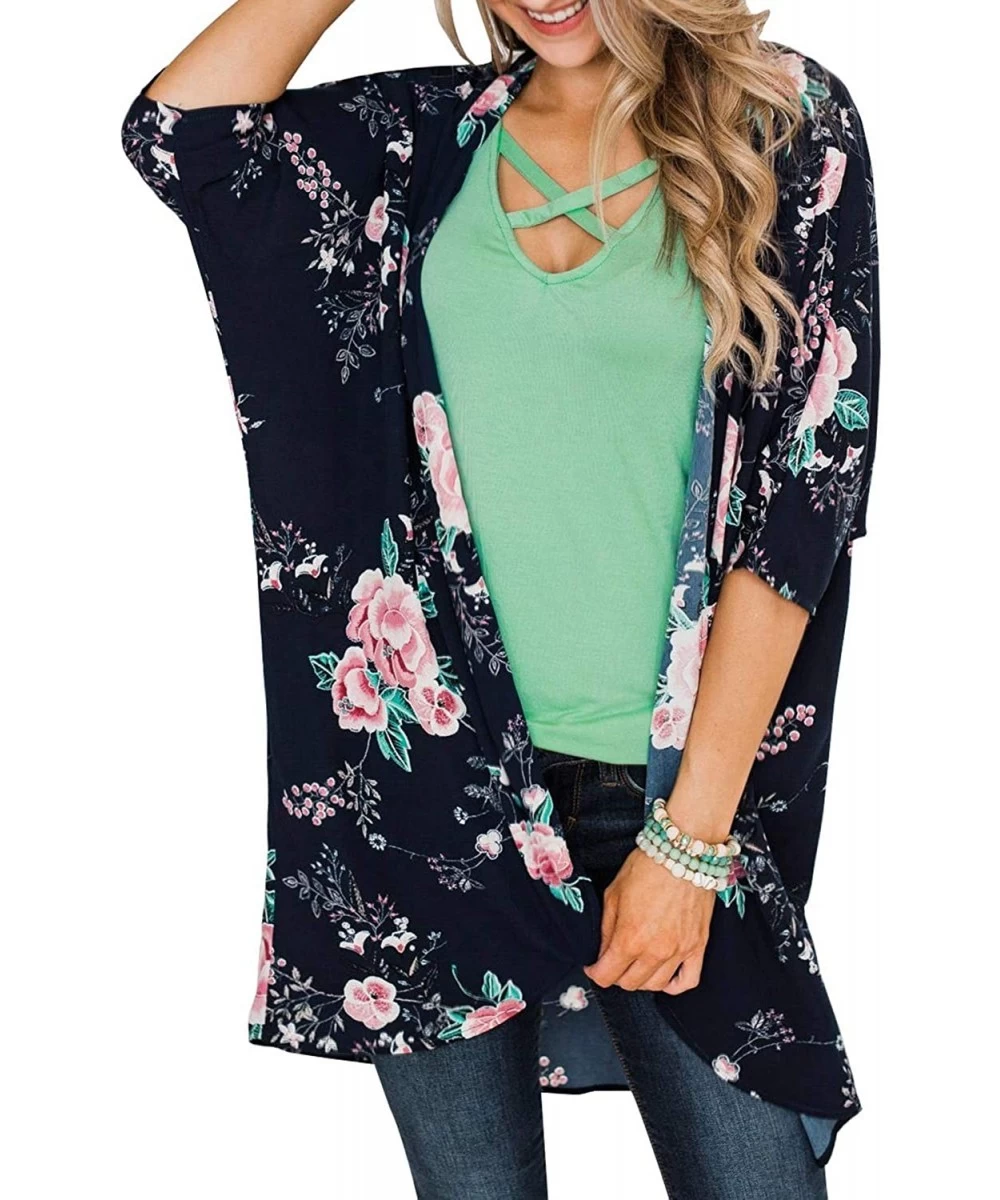 Cover-Ups Women's Summer Long Flowy Kimono Cardigans Boho Chiffon Floral Beach Cover Up Tops - Z-balck/Floral - CA192I7GXMI