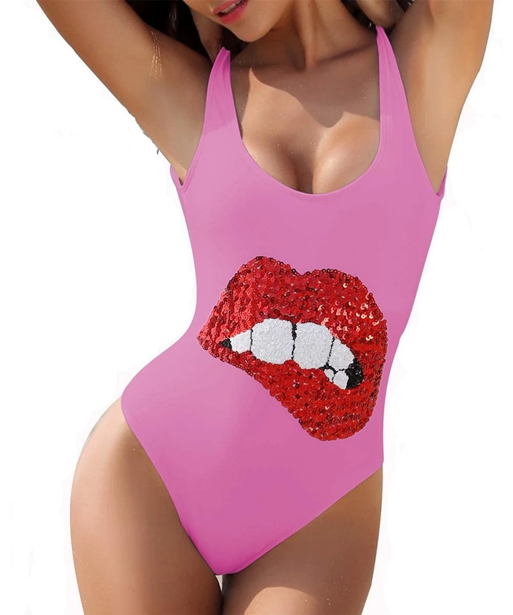 Sets Unique One Piece Swimsuits Sequin Glitter Monokini Swimwear(Black-Lips-Medium) - Pink-lips - CY18RTIOHGA