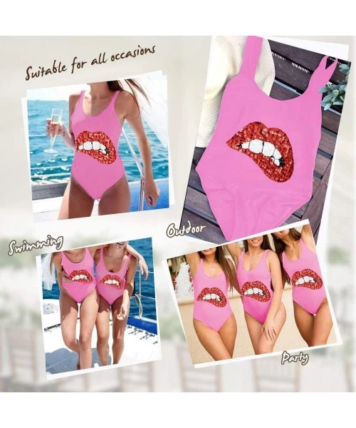 Sets Unique One Piece Swimsuits Sequin Glitter Monokini Swimwear(Black-Lips-Medium) - Pink-lips - CY18RTIOHGA