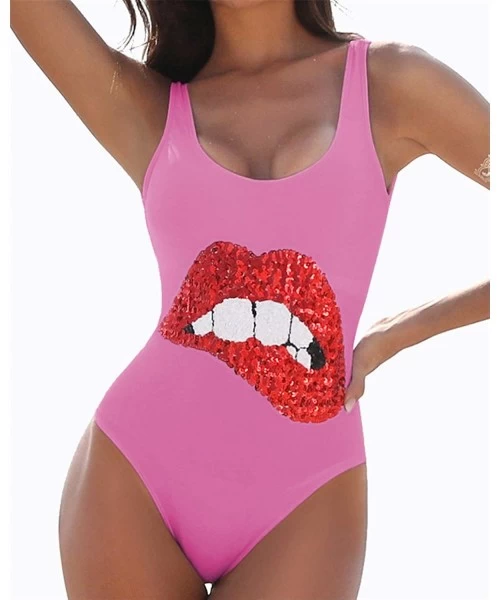 Sets Unique One Piece Swimsuits Sequin Glitter Monokini Swimwear(Black-Lips-Medium) - Pink-lips - CY18RTIOHGA