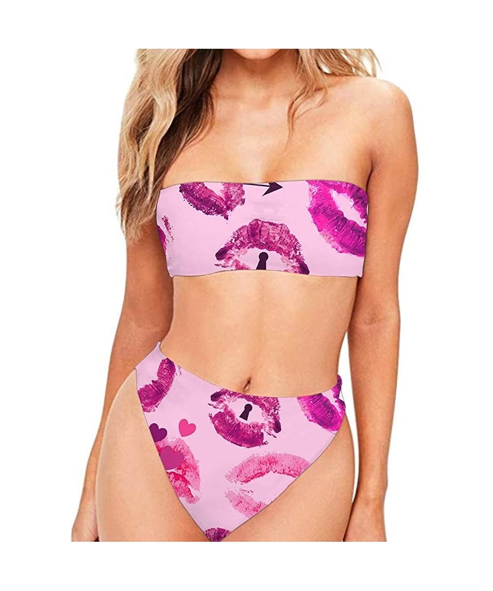 Sets Women Two Pieces High Cut Bandeau Strapless Swimsuits Bikini Set Print Bathing Suits - Red Lip Print - CL18S9T5W87