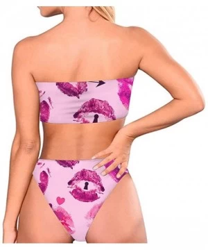 Sets Women Two Pieces High Cut Bandeau Strapless Swimsuits Bikini Set Print Bathing Suits - Red Lip Print - CL18S9T5W87