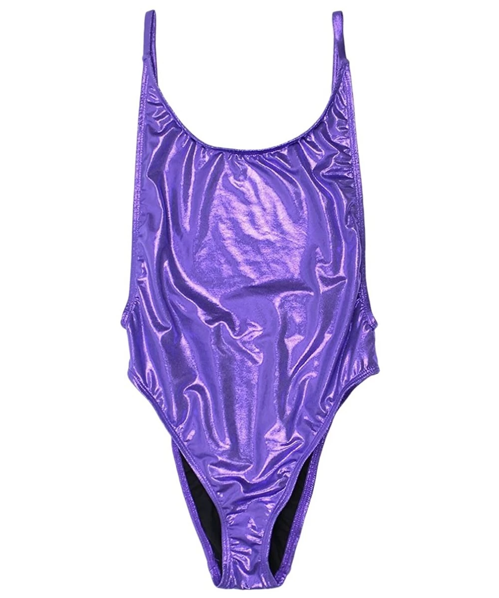 One-Pieces Women's High Cut Vintage Swimsuit - Thin Strap - Shiny Purple - CD18CYGM4M5