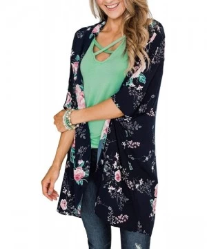 Cover-Ups Women's Summer Long Flowy Kimono Cardigans Boho Chiffon Floral Beach Cover Up Tops - Z-balck/Floral - CA192I7GXMI