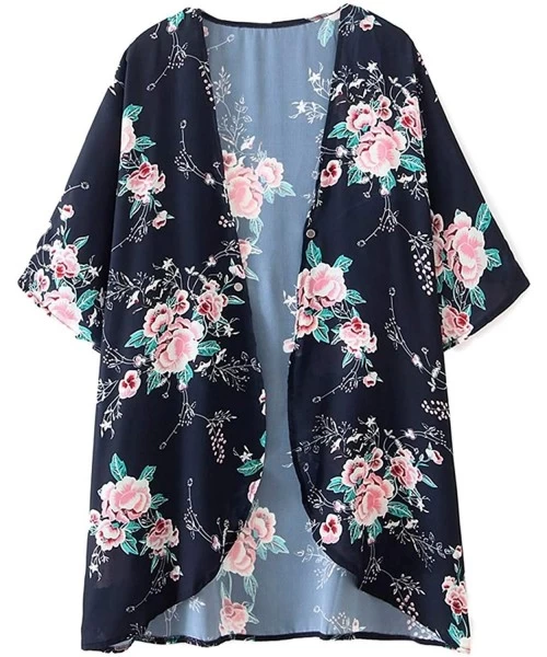 Cover-Ups Women's Summer Long Flowy Kimono Cardigans Boho Chiffon Floral Beach Cover Up Tops - Z-balck/Floral - CA192I7GXMI