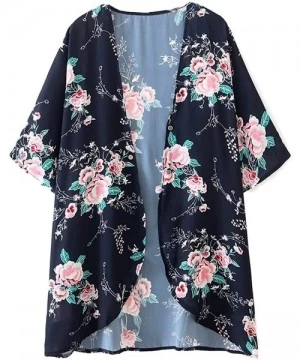 Cover-Ups Women's Summer Long Flowy Kimono Cardigans Boho Chiffon Floral Beach Cover Up Tops - Z-balck/Floral - CA192I7GXMI