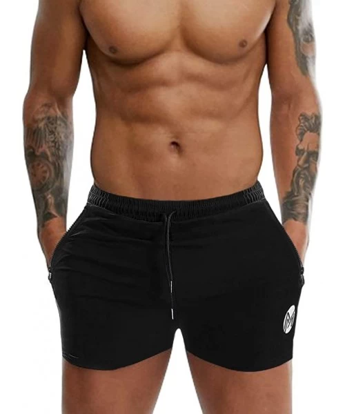 Trunks Men's Gym Workout Shorts- Bodybuilding Running Shorts- Quick Dry Swim Trunks with Zipper Pockets - Black - C7190R4YZX5