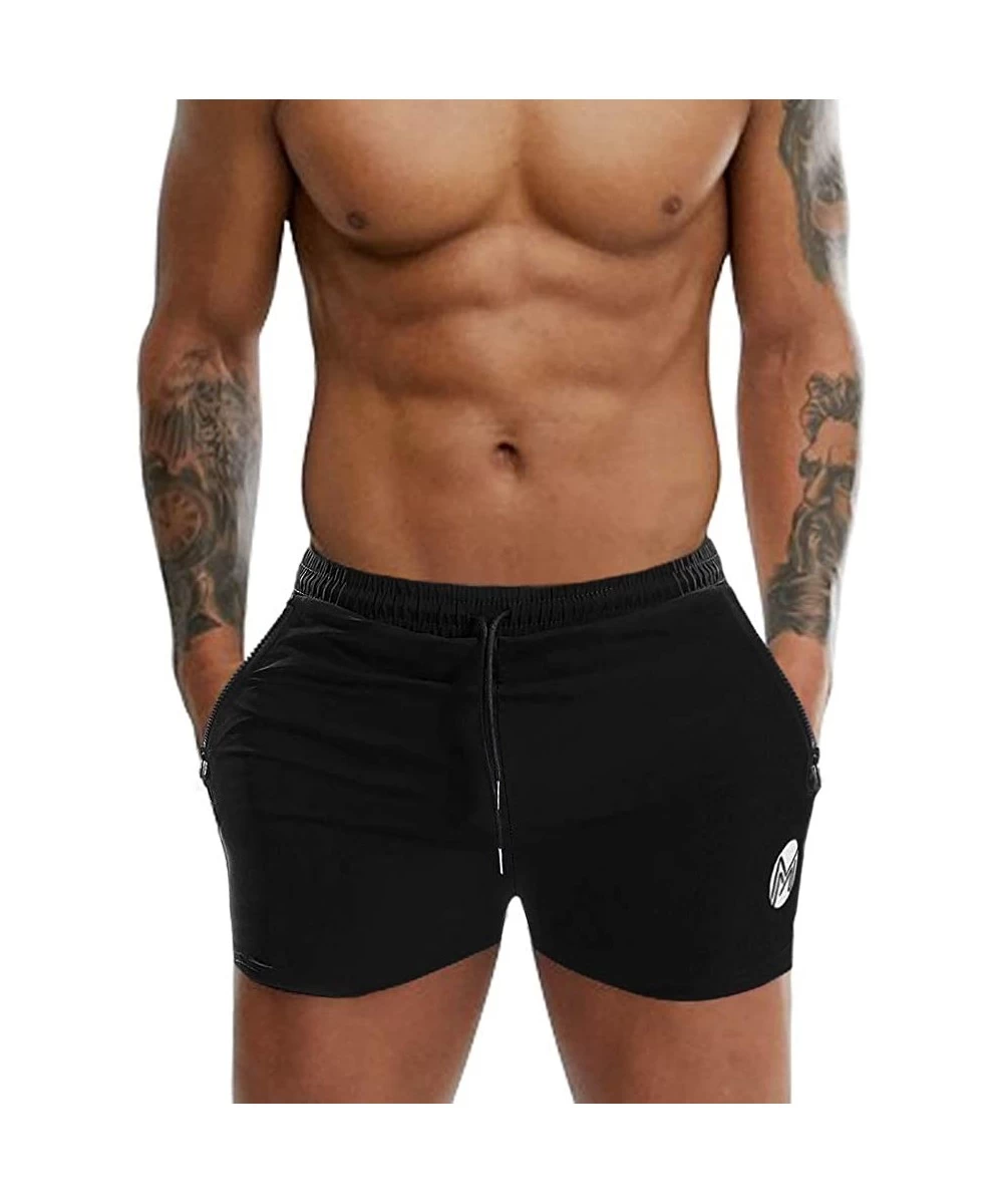 Trunks Men's Gym Workout Shorts- Bodybuilding Running Shorts- Quick Dry Swim Trunks with Zipper Pockets - Black - C7190R4YZX5