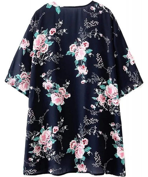 Cover-Ups Women's Summer Long Flowy Kimono Cardigans Boho Chiffon Floral Beach Cover Up Tops - Z-balck/Floral - CA192I7GXMI