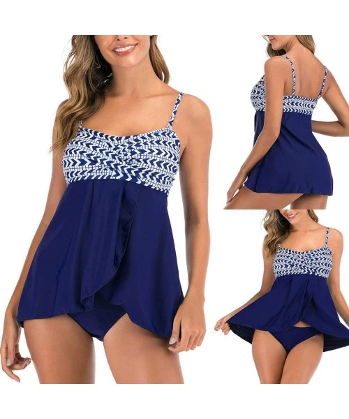 Sets Women Two Piece Tankini Swimsuit Conservative Print Split Sexy Beachwear Swimwear - Blue - CA194GUI5E9