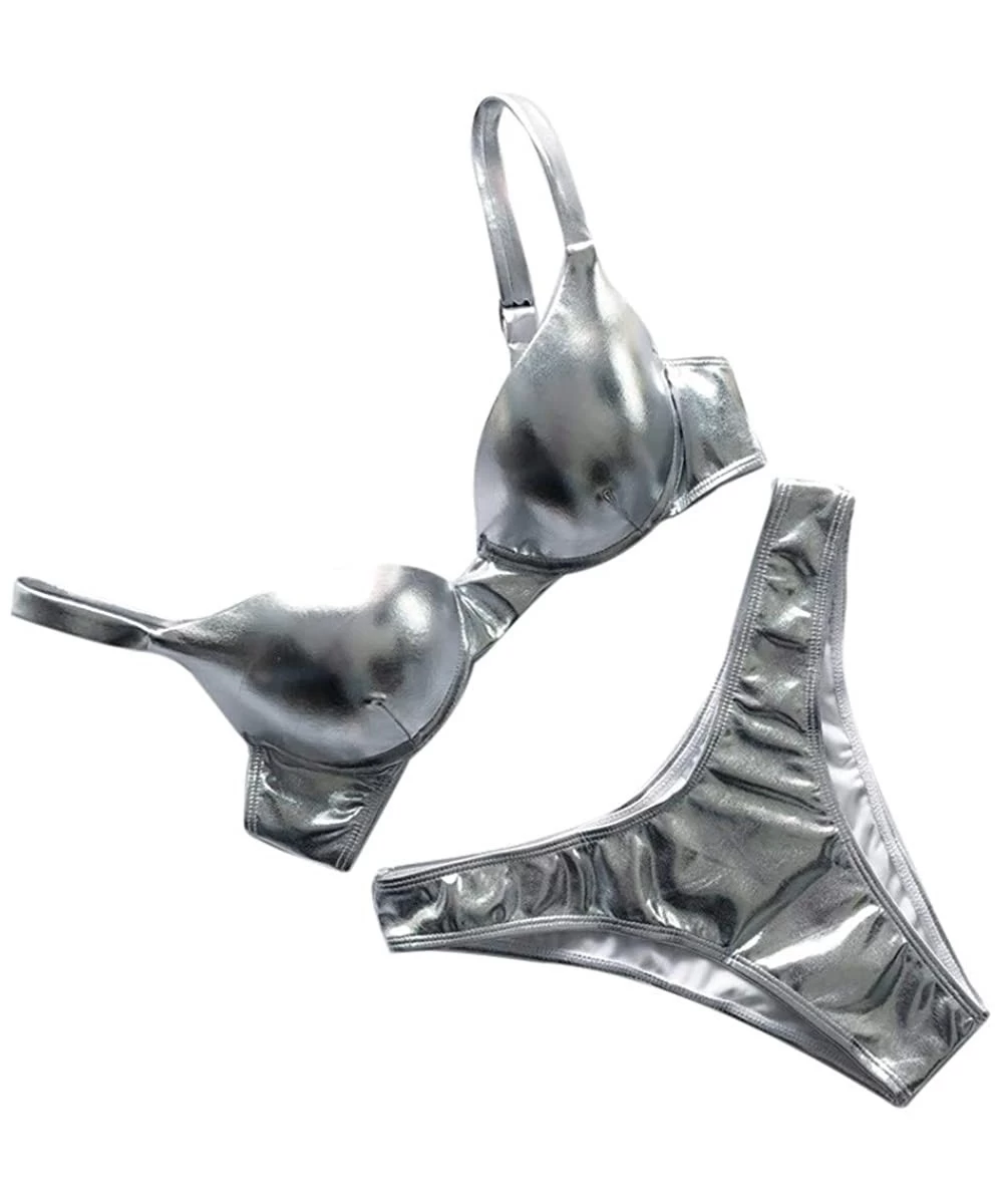 Sets Women's Shiny Metallic Leather Crop Tops Bikini Swimsuit Set Two-Piece Sexy Swimwear - Silver - C718RHKD5ML