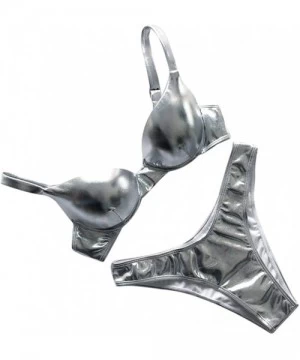 Sets Women's Shiny Metallic Leather Crop Tops Bikini Swimsuit Set Two-Piece Sexy Swimwear - Silver - C718RHKD5ML