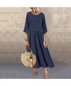 Racing Women Dress Boho Printed Patchwork 3/4 Sleeves O-Neck Button Low Hem Plus Size Dress Summer Casual Loose Maxi Dress - ...