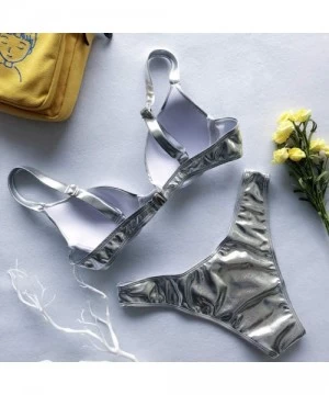 Sets Women's Shiny Metallic Leather Crop Tops Bikini Swimsuit Set Two-Piece Sexy Swimwear - Silver - C718RHKD5ML