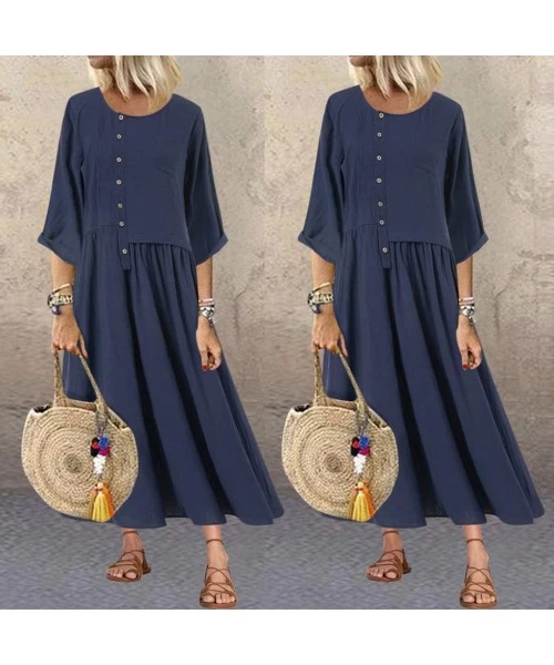 Racing Women Dress Boho Printed Patchwork 3/4 Sleeves O-Neck Button Low Hem Plus Size Dress Summer Casual Loose Maxi Dress - ...