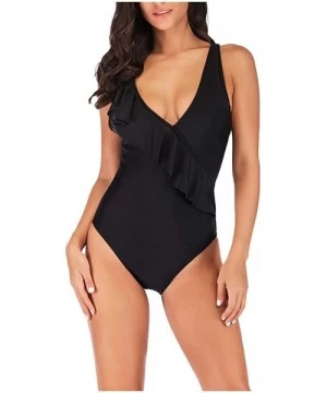 Tankinis Women's Sexy V Neck Plus Size One Piece Swimsuit Ruffled Lace Up Monokini Bathing Suits - Black - CH196WAN5KG