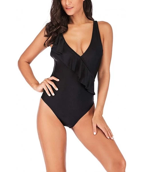 Tankinis Women's Sexy V Neck Plus Size One Piece Swimsuit Ruffled Lace Up Monokini Bathing Suits - Black - CH196WAN5KG