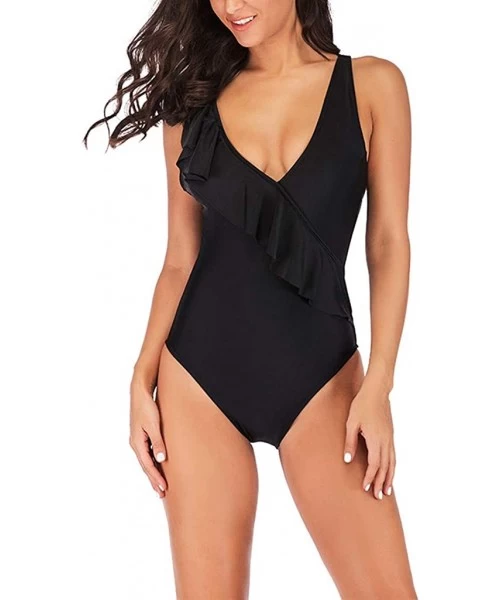 Tankinis Women's Sexy V Neck Plus Size One Piece Swimsuit Ruffled Lace Up Monokini Bathing Suits - Black - CH196WAN5KG