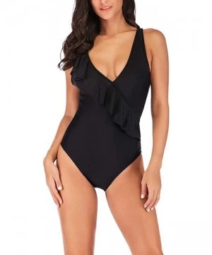 Tankinis Women's Sexy V Neck Plus Size One Piece Swimsuit Ruffled Lace Up Monokini Bathing Suits - Black - CH196WAN5KG