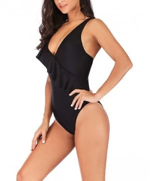 Tankinis Women's Sexy V Neck Plus Size One Piece Swimsuit Ruffled Lace Up Monokini Bathing Suits - Black - CH196WAN5KG