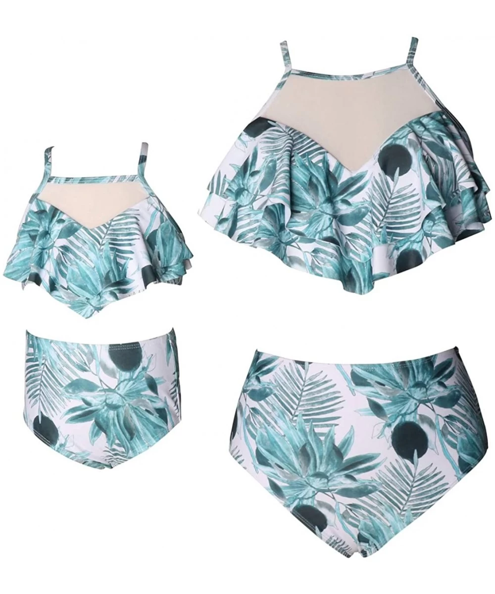 Sets Women 2Pcs Fancy Mom and Me Two Piece Mesh Swimwear Family Matching Swimsuit Girls Bikini Sets - Teal Leaves - CC199MX02A4