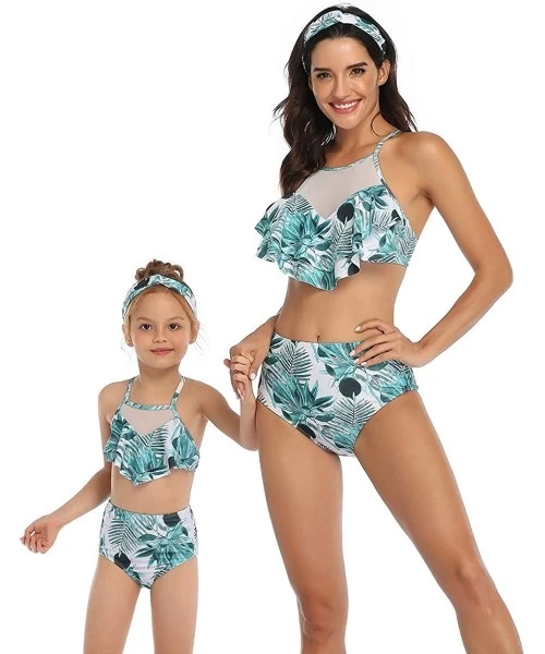 Sets Women 2Pcs Fancy Mom and Me Two Piece Mesh Swimwear Family Matching Swimsuit Girls Bikini Sets - Teal Leaves - CC199MX02A4