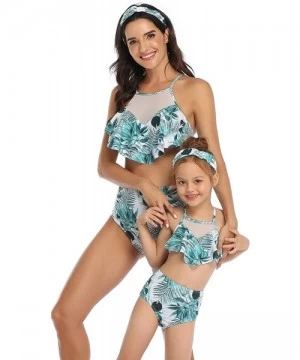 Sets Women 2Pcs Fancy Mom and Me Two Piece Mesh Swimwear Family Matching Swimsuit Girls Bikini Sets - Teal Leaves - CC199MX02A4