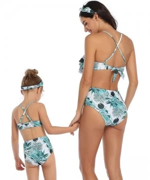 Sets Women 2Pcs Fancy Mom and Me Two Piece Mesh Swimwear Family Matching Swimsuit Girls Bikini Sets - Teal Leaves - CC199MX02A4