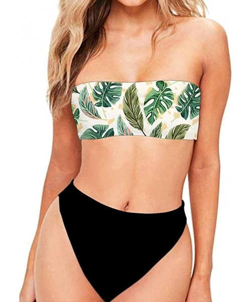 Sets Women's Bandeau Bikini Swimsuits Off Shoulder High Waist Bathing Suit High Cut Tropical Plant Palm Leaf Pattern - Palm L...