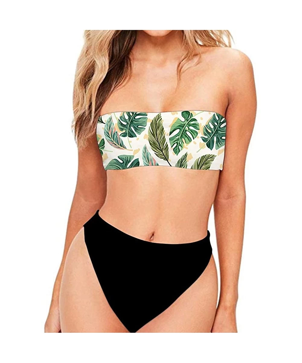 Sets Women's Bandeau Bikini Swimsuits Off Shoulder High Waist Bathing Suit High Cut Tropical Plant Palm Leaf Pattern - Palm L...